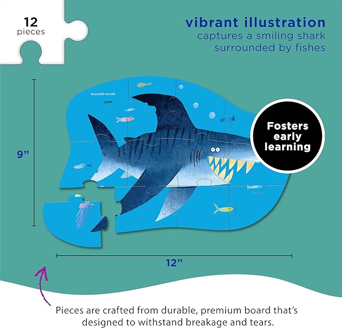 Crocodile Creek 12-Piece Mini Jigsaw Puzzle - Fun Floor Puzzles for Kids Ages 2-4 and Up - Heavy-Duty Shaped Box for Storage - Shark City - 12" x 9" Finished
