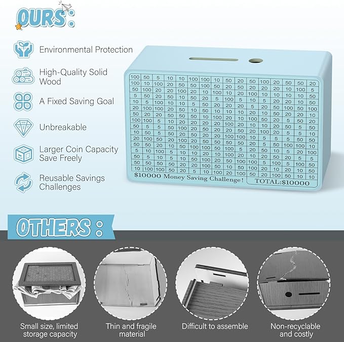 Wooden Money Saving Box, Cash Vault Savings Box for $10000 $5000 $3000 $1000 $800 $500 Target Money Saving Challenge, Reusable Money Box with Counter, Dry Erase Pen/Savings Trackers/Rubber Band-Blue