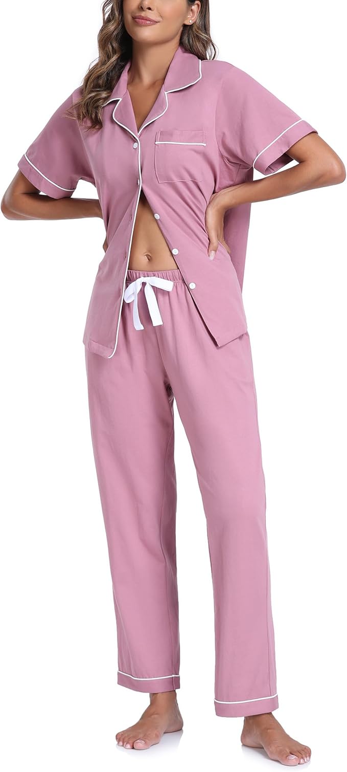 CF Womens 100% Cotton Pajamas Set Button Down Pjs Sets Short Sleeve Top & Long Pants Sleepwear Comfy Loungewear with Pockets