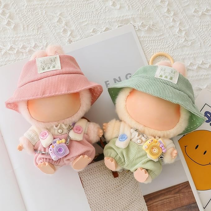 Clothes for Dolls Accessories (No Doll), Cute Outfit Set 3 Pieces Bib Pants Suitable for 15 & 17cm Doll Suit, Stylish Dress Up Overalls Doll Clothing Set Replacement with Hat Clothes Green
