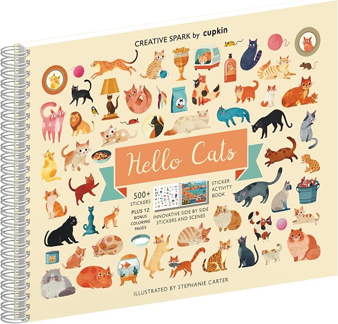Cupkin Hello Cats Sticker Book Activity for Kids, Toddler Airplane Travel Essentials, 500+ Stickers for Kids 12 Scenes + Coloring Book Pages, Cat Gift Girls and Boys, Children's Crafts Ages 2-8