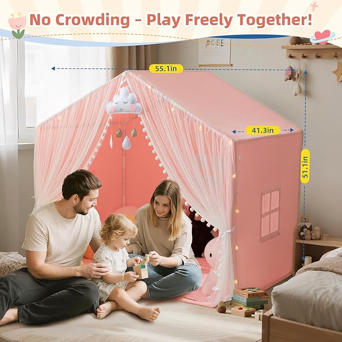 Large Kids Play Tent, 55.1in Length, Fits 3-4 Children,Indoor Playhouse for Kids, with Padded Mat and Lights, Bed Tent for Toddler, Birthday for Boys Girls