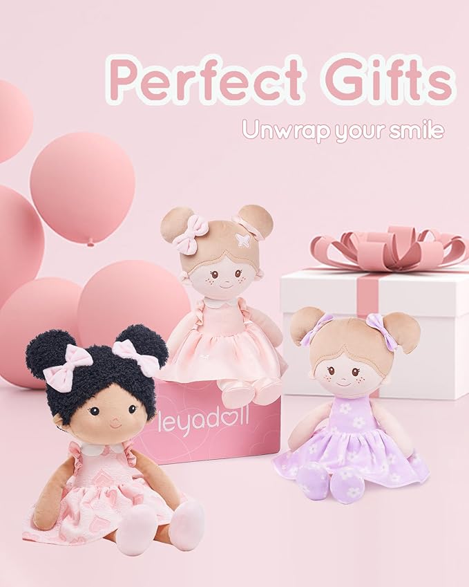 LeyaDoll Soft Baby Doll Toys (16''), My First Baby Rag Doll for 1 Year-Old Girl Birthday Gift, Christmas Plush Toys Gift for Toddler Kids Infants-Sweetheart(Double Buns Tanned)