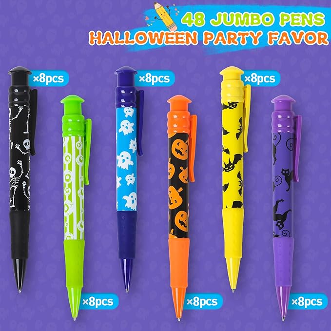 Shemira Halloween Party Favor for Kids, 48 Pcs Jumbo Pen in 6 Assorted Theme Designs for Trick or Treating, Goodie Bag Filler, Miniatures, School Classroom Rewards