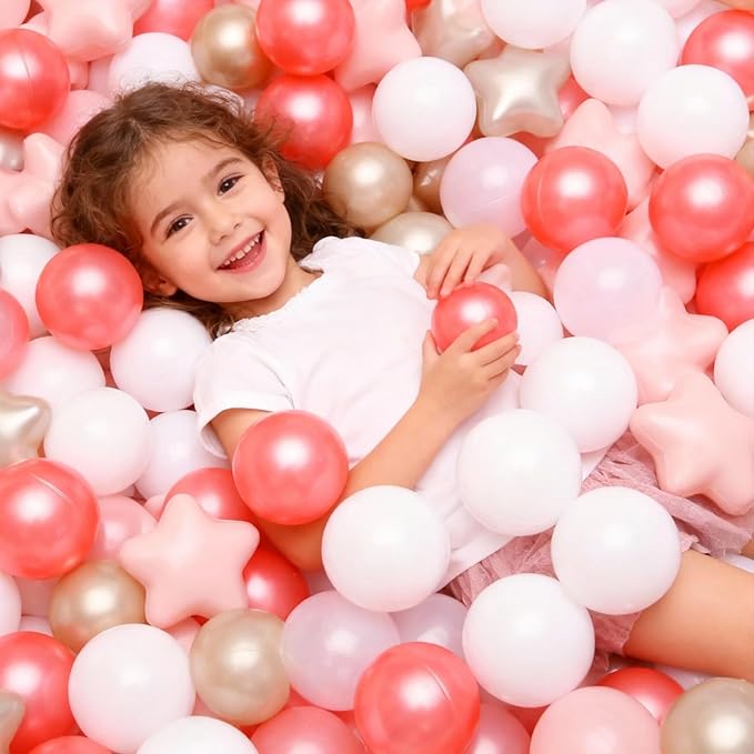 GOGOSO Ball Pit Balls for Toddlers Phthalate-Free BPA-Free Non-Toxic Crush Proof Soft Plastic Play Balls Baby Kids Shape Tent Pool Playhouse Playpen Party Decor,Pearl Red+Pink+Pearl Gold+White 200pcs