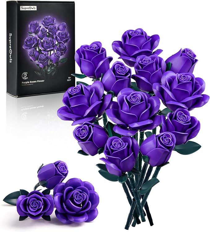 iATOM Purple Rose Bouquet Building Set, Artificial Flowers Botanical Collection for Adults Women, Gift for Halloween & Valentines Day - Gothic Home Office Table Centerpiece Decor - IA11017