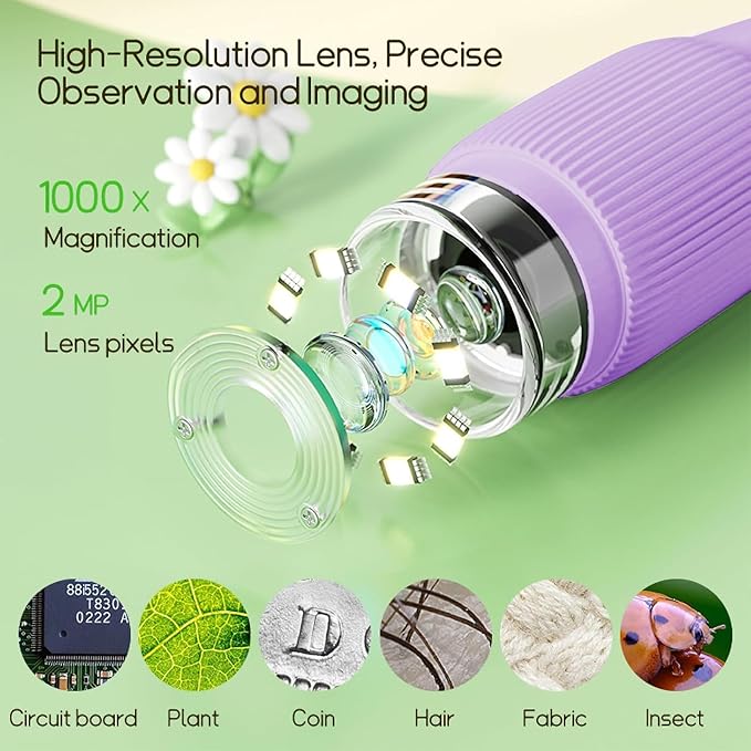 Kids Microscope Pocket Microscope -1000X Portable Microscope for Kid | Photo and Video Mini Microscopes | 2'' Digital Little Scientist Microscopes for 3-10 Age Years Old Boys Girls Toys Gifts