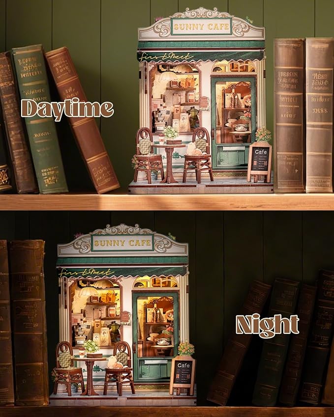Book Nook Kit, DIY Miniature House Kits for Adult and Teens, Dollhouse Tiny Booknook Garden House Bookshelf, DIY Craft Gifts for Family and Friends（Sunny Cafe)