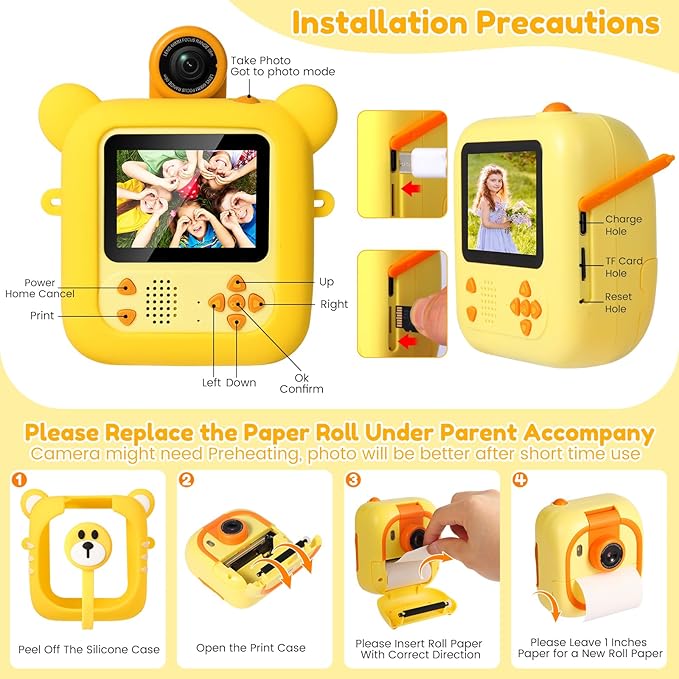 Kids Camera Instant Print, 7 Print Paper (4 Color: O/R/G/B+3 B&W), 2.4" Screen Instant Camera for Kids Ages 3-12,1080P, 180°Flip Lens,32GB Card- Christmas Birthday Present for Boys & Girls,M2