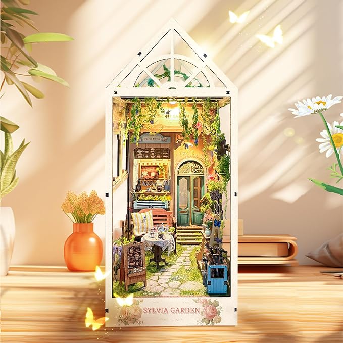 DIY Book Nook Kit,DIY Dollhouse Booknook Bookshelf Insert Decor,3D Wooden Puzzles with LED Dust Cover,Book Nook Miniature Kit,Birthday Halloween Home Decor for Teens Adult-Sylvia Garden