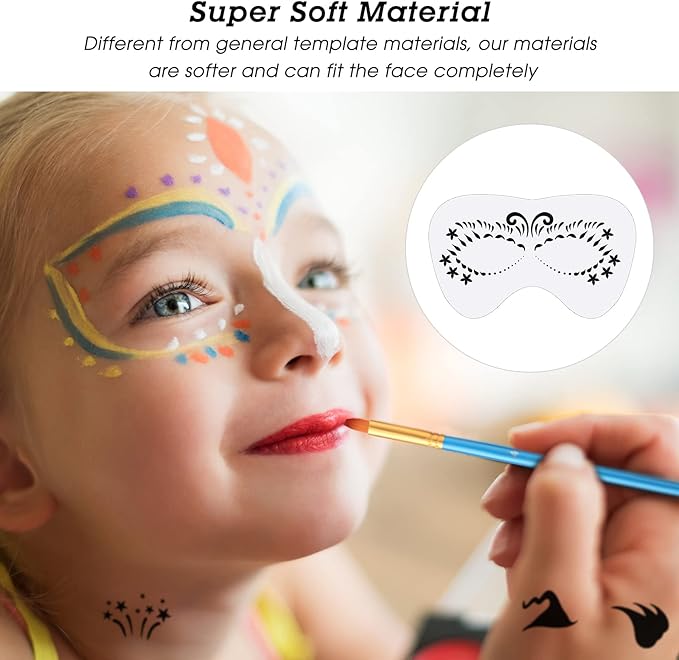 Fainne 68 Pcs Face Paint Stencils Kit, 48 Reusable Facial Painting Stencils with 10 Stickers 10 Painting Brushes Plastic Tattoo Templates for Halloween Party Makeup DIY Drawing Art(Weird Style)