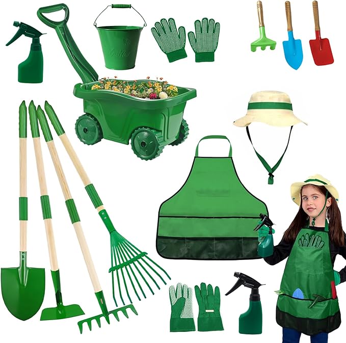 Kids Gardening Tools Set,15Pcs Wheelbarrow Set for Kids with Shovel, Rake, Watering Can Outdoor Backyard Farm Digging Toys, Halloween Christmas Birthday Gifts for Boys Girls