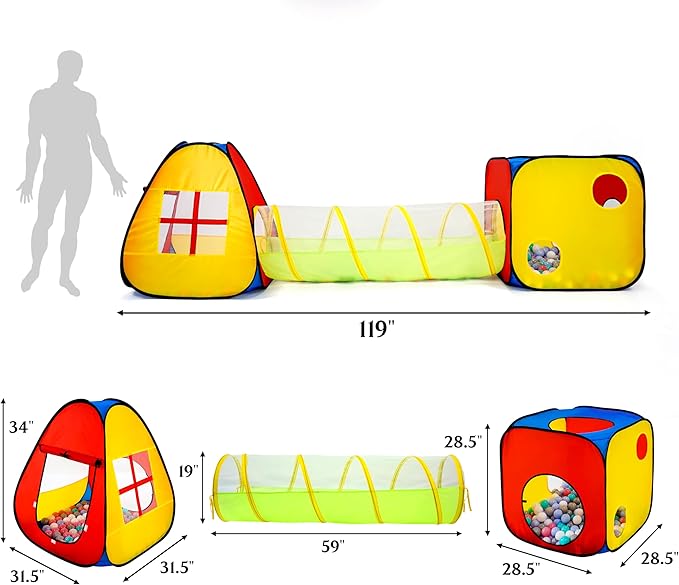 3 in 1 Pop Up Kids Play Tent with Tunnel and Ball Pit for Kids, Boys, Girls, Babies and Toddlers, Indoor/Outdoor Playhouse, Red&Yellow&Blue