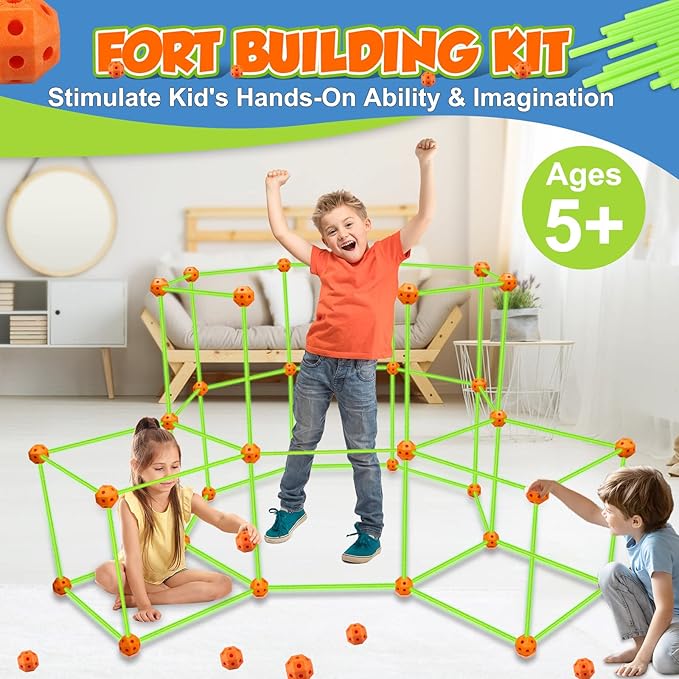 Fort Building Kit for Kids - 100 Pcs Glow in The Dark Creative STEM Building Toys, Fun Fort Indoor Outdoor Toys Gift for Boys & Girls Age 5 6 7 8 9 10 Year Old