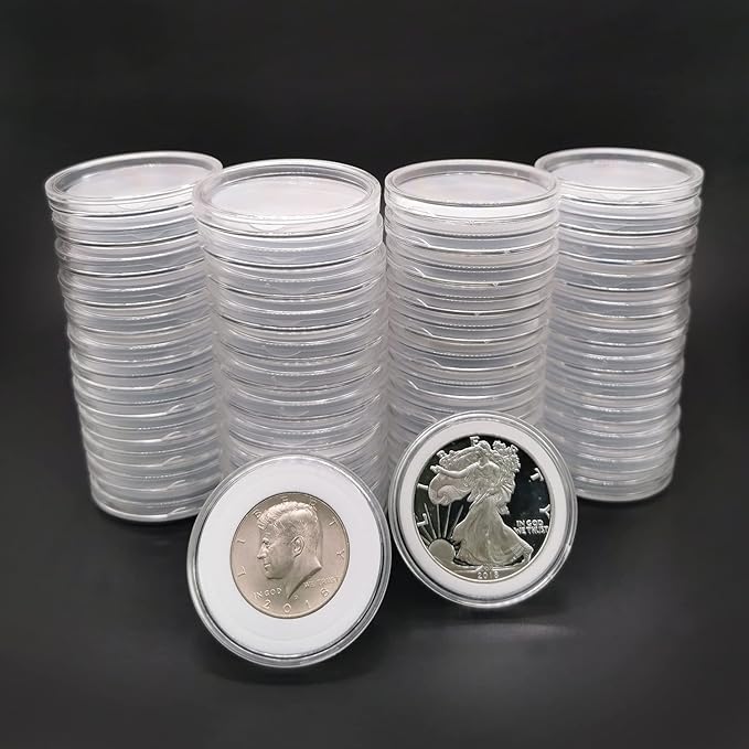 50pcs Clear Plastic Coin Capsules, Coin Collection Case of 5 Size with Adjustable Gasket for Coin Collection American Silver Eagle Liberty Coin &JFK Half Dollar & Bitcoin (19/21/25/30/40mm)-50pcs