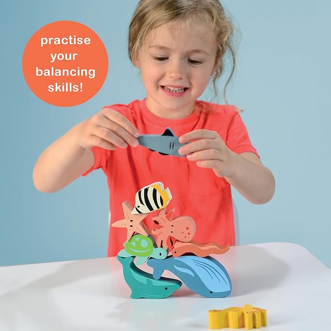 Mentari Toys - Happy Stacking Ocean - 9pc Wooden Stacking Toy for Toddlers - Colorful Sea Themed Balancing Activity Toy with Bag - Boost Fine Motor Skills and Dexterity - Educational Toy - Age 18m+