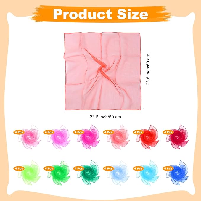 24 Or 48 Pcs Juggling Scarves for Kids Play, 12 Colors Play Silks for Kids, Silk Square Play Scarves for Toddlers