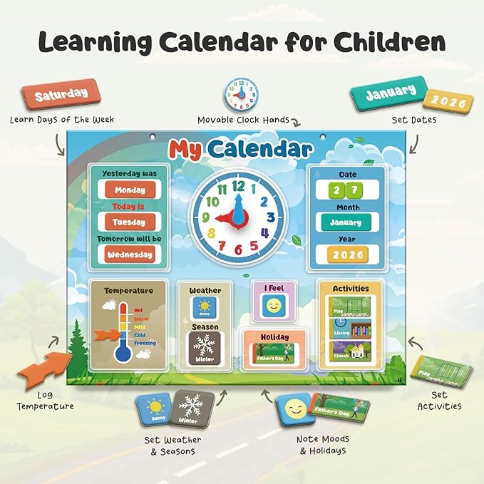 inamio Magnetic Kids Calendar for Learning - Classroom, Preschool Calendar for Kids and Toddlers - Days of The Week Chart - Today, Months and Weather