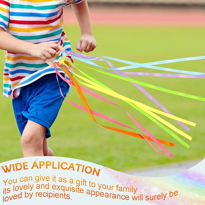 Sumind 6 Pcs Rainbow Ribbon Hand Kites Wands for Kids Dancer Streamer String Toy Thrown Waldorf Wand with Wooden Ring Wand Learning Educational(Fresh Colors)
