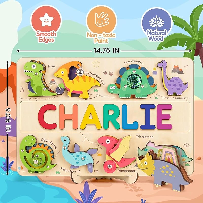 Personalized Wooden Name Puzzle for Toddlers 1-5 - Montessori Wooden Dino Sensory Toy, Custom Educational Learning Toys for, Perfect Birthday Gift for Boys & Girls