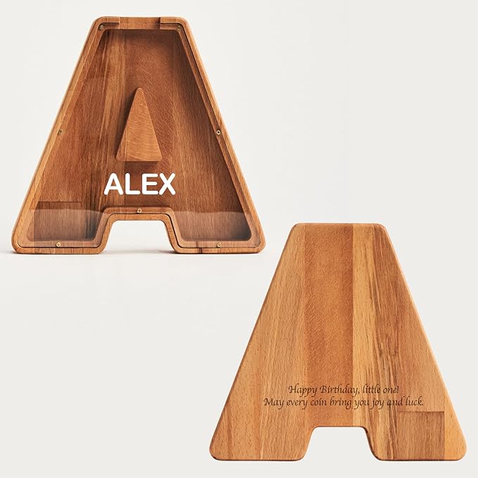 Personalized Wooden Piggy Bank – Custom Letter A Coin Bank in Beech Wood with Acrylic Front, Name Engraving, Money Saving Box for Kids and Adults