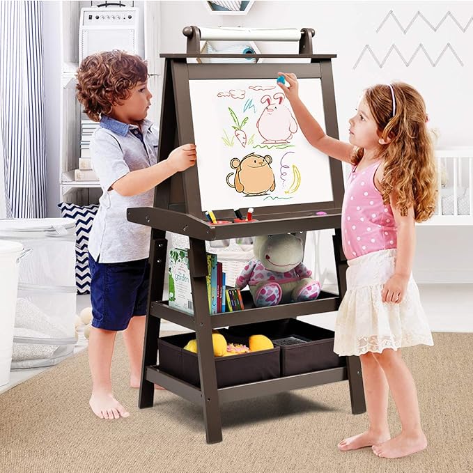 Costzon Kids Art Easel, 3 in 1 Double-Sided Wooden Easel w/Magnetic Whiteboard, Chalkboard & Paper Roll, 2-Tier Rack w/ 2 Storage Boxes, Standing Easel for Kids, Toddlers, Boys, Girls (Coffee)