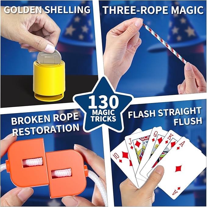 Magic Kit for Kids 6-8-10-12, 130 Magic Tricks Set for Kids with Magician Costume and Magic Wand, Halloween Christmas Birthday Gifts Toys Magic Set for Ages 6 7 8 9 10 11 12 Years Old Boys Girls Kids