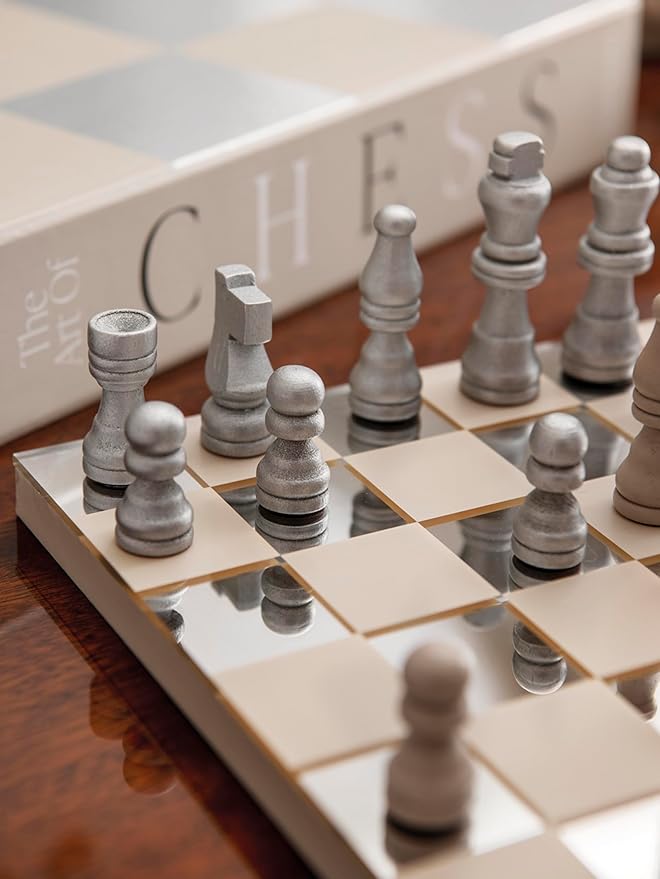 Printworks Classic – Art of Chess, Mirror – Beige & Silver Wooden Chess Set with Mirrored Acrylic Board – Stylish Coffee Table Game for Adults & Kids Ages 5+ – Multilingual Instructions Included