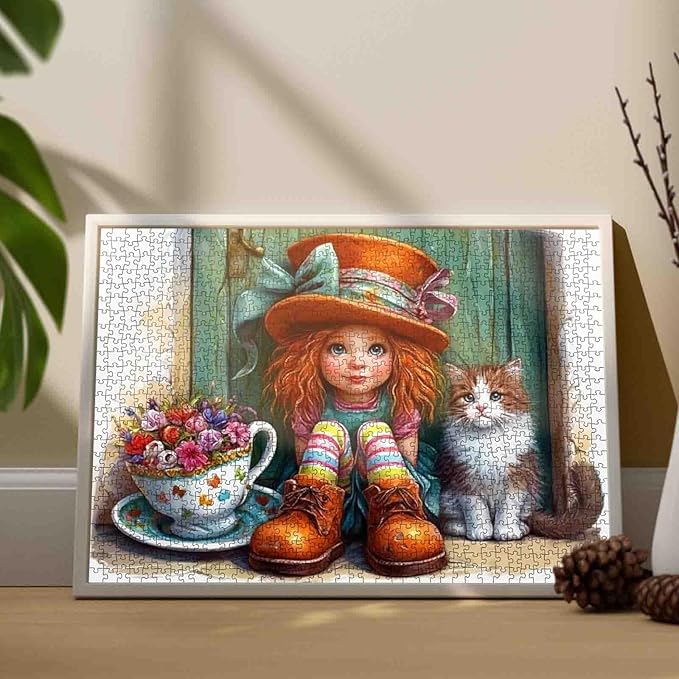 Tucocoo Cute Girl and Cat 1000 Piece Jigsaw Puzzle for Adults, Fantasy Art Puzzle with Tea Cup Flowers, Colorful Socks, Big Hat, Cozy Cottage for Relaxation and Gifts, Challenging Puzzles, Home Decor