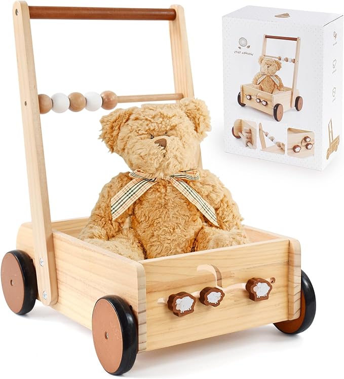 PairPear Wooden Baby Walker Push Toys,Adjustable Speed Nature Wood Push Walkers for Babies Learning to Walk,Toddler Push and Pull Toys Gift for Baby Girls and Boys 1-2