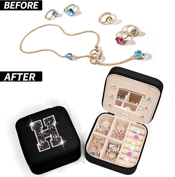 Monogrammed Gifts for Women - Jewelry Case for Women Trendy Jewelry Box Fashion Cute Jewelry Organizers and Storage Aesthetic,Travel Essentials Birthday Gifts for Girls Women | Black,H