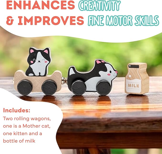 Cubika Wooden Clever Kitties Train Toy – Magnetic Cat-Themed Wood Toy Playset for Toddlers 18 Months+ – Montessori Toy for Fine Motor Skills and Imaginative Play