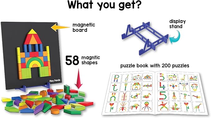 Magnetic Tangram Puzzle Learning Toy | 200 Patterns, 58 Big Magnetic Tangram Pieces with Board, Pattern Book & Display Stand | STEM Educational Toys for Kids Ages 4 5 6+ Years|Gifts for Girls & Boys