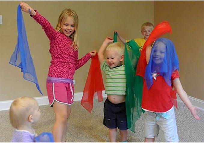 BoAn 12 PCS Dance Juggling Scarves, Silk Square Music Magic Movement Scarves, Children Movement Music Scarf, Colorful Scarves for Kids Play- 12 Colors, 24 by 24 Inches