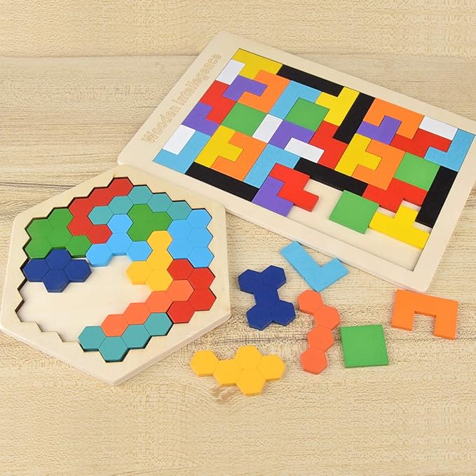 Wooden Puzzle Hexagon Puzzles for Toddlers Tangram Jigsaw Puzzle, Montessori Educational Gift for Kids & Adults