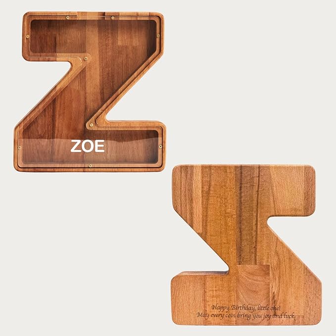 Personalized Wooden Piggy Bank – Custom Letter Z Coin Bank in Beech Wood with Clear Acrylic Front, Engraved Name Option, Money Saving Box for Kids and Adults