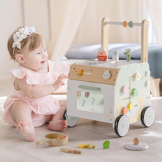 ROBOTIME Baby Walker Push Toy, Adjustable Height & Speed, Prevents Bow Legs, Spring Garden Activity Center with Clock, Shape Sorter, Play Kitchen, and Sink, Ideal Toddler Walking Toy for 10+ Months