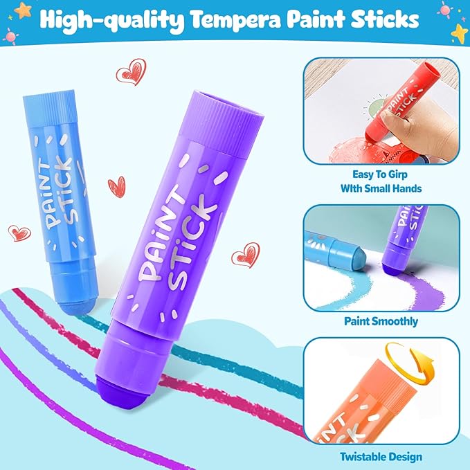 Tempera Paint Sticks For Kids, 24 Assorted Colors Washable Paint Set, Quick Drying Art Supplies for Toddlers and Kids, Ideal Easter Basket Stuffers for Kid Toddler 1-3 2-4