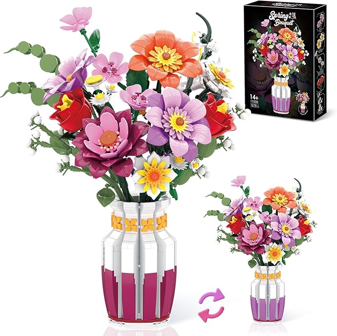 Dual-Tone Vase Flowers Bouquet Building Set, 16 Artificial Flowers Bouquet Sets for Adults & Women & Home Decor Living Room, Compatible with Lego Flowers Bouquet Botanicals Collection, 1278 PCS