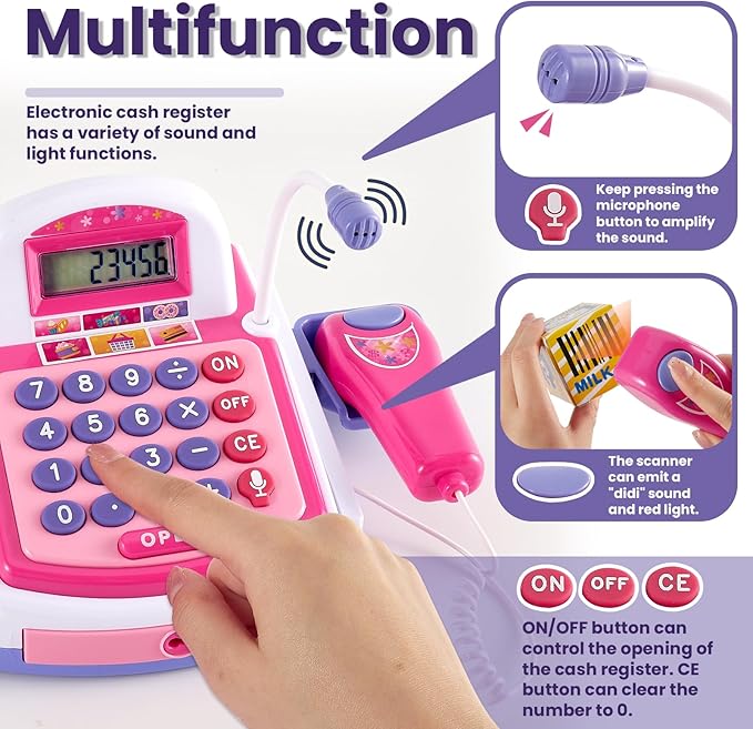 BUYGER Kids Cash Register Toy with Scanner, Receipt Printer, Microphone, Shopping Play Food - Pretend Role Play Birthday for Toddler Kids Boys Girls Ages 3 4-8+ Years Olds