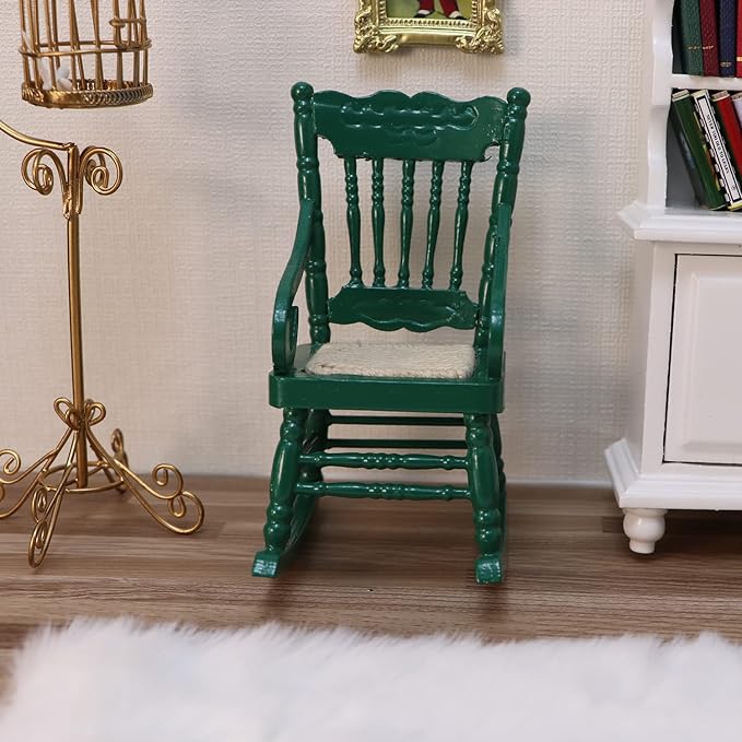 Dollhouse Miniature Rocking Chair 1:12 Scale Wooden Furniture Accessories Tiny Mini House Home Outdoor Cake Topper Decoration Model Living Room Scene Christmas Craft Displays (Green)