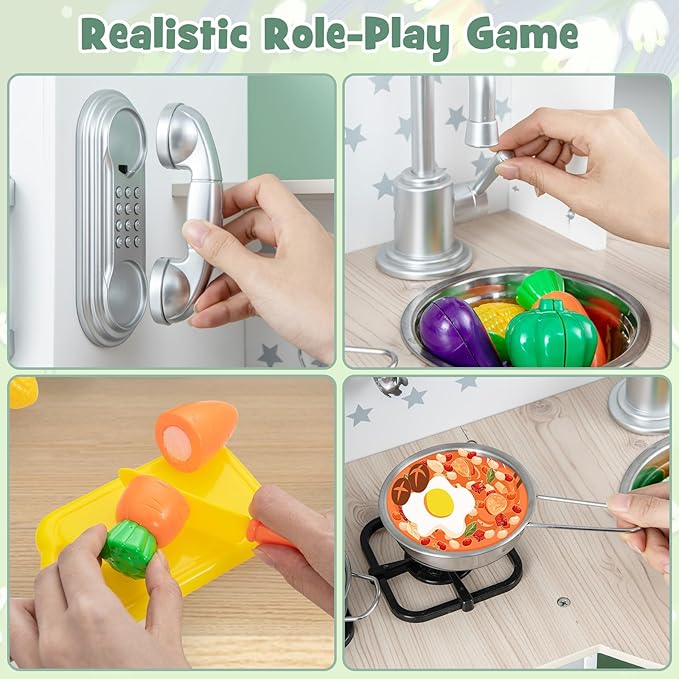 INFANS Kid Kitchen Playset, Toddler Wooden Pretend Cooking Set with Realistic Light & Sound, Stove, Sink, Microwave, Storage Cabinet, Play Kitchen Toy Set for Children Boys Girls (Green)