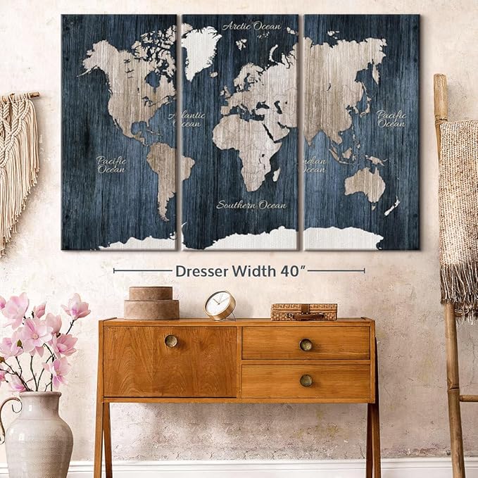 ElephantStock Aged Blue World Map I Canvas - 3 Panel Wall Decor - World Map Digital Art - Blue Wall Art - 57" X 36"