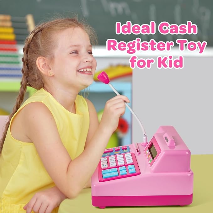 BAODLON Calculator Cash Register - 103 Pcs Pink Toy Cash Register, Microphone, Credit Card and Banking for Kids, Early Math Skills Toys Gifts for 3, 4, 5, 6 7 8+ Years Old Boys Girls