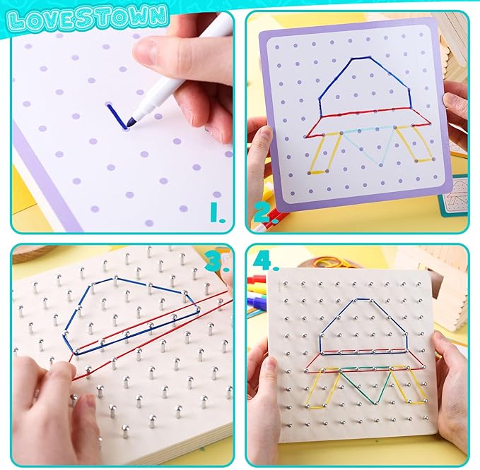 LovesTown Wooden Geoboard Montessori Toys for Kids Graphical Geo Board with Rubber Bands Educational Brain Teaser Toys for Boys Girls (Pack of 2)