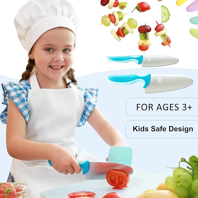 Kibbidea Kids Knife Set - 4 Pcs Kids Safe Cooking Knives, Round Tip, BPA-Free, Stainless Steel, Blue