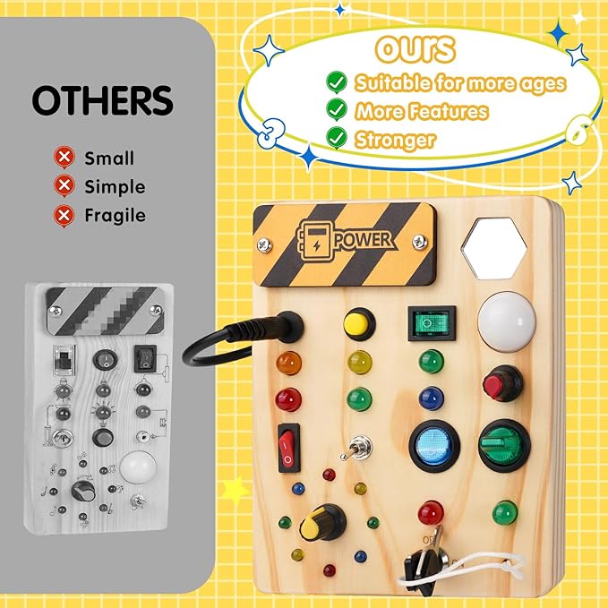 Montessori Busy Board Toys: Wooden Sensory Toy for Toddler with LED Light Up Switch, Educational/Christmas/Birthday Gifts for 1-3 Year Old Boys & Girls