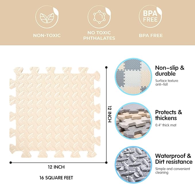 16 Tiles Foam Play Mat for Baby, Soft & Safe EVA Foam Mats for Floor, Square Interlocking Floor Mat, Solid Colored Kids Foam Puzzle Floor Mat, 47x47 Play Mat for Playpen(White/Beige/Gray)