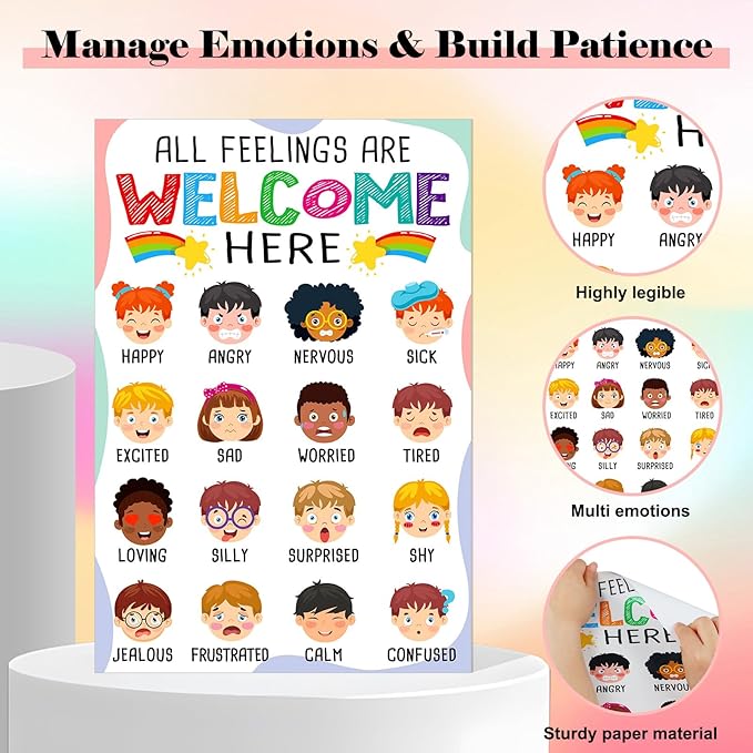 FLYAB Feelings Chart for Kids - Classroom Decorations Elementary Emotions Learning Mental Health Poster for Toddlers Educational Calming Corner Teacher Must Haves for Back to School Supplies