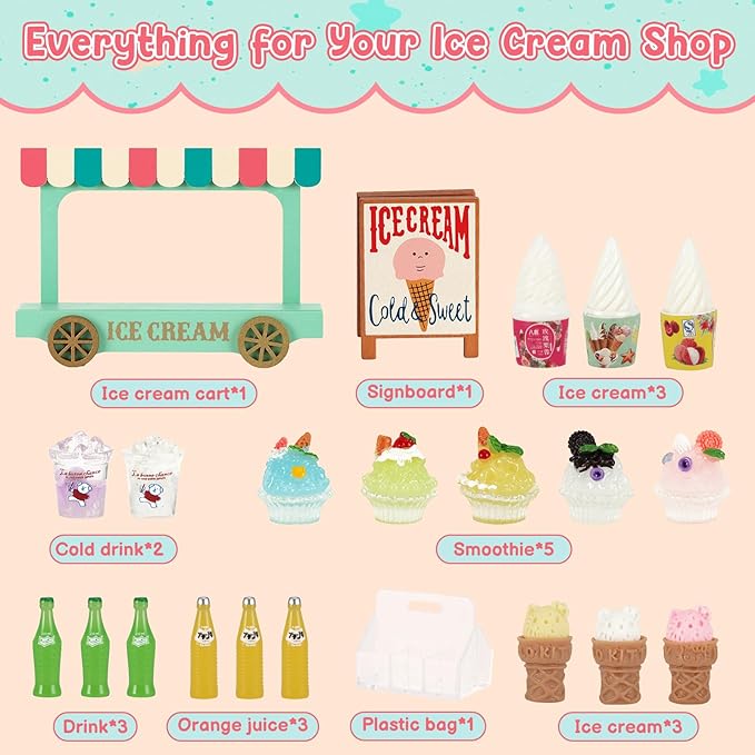 Mini Ice Cream Toy Sets for Play Kitchen - Miniature Food Truck with Wooden Cart, 7 Smoothies, Cones & Drink Bottles for Dollhouse Decor, Food & Accessories, Role Play Birthday Gift for Girls & Boys